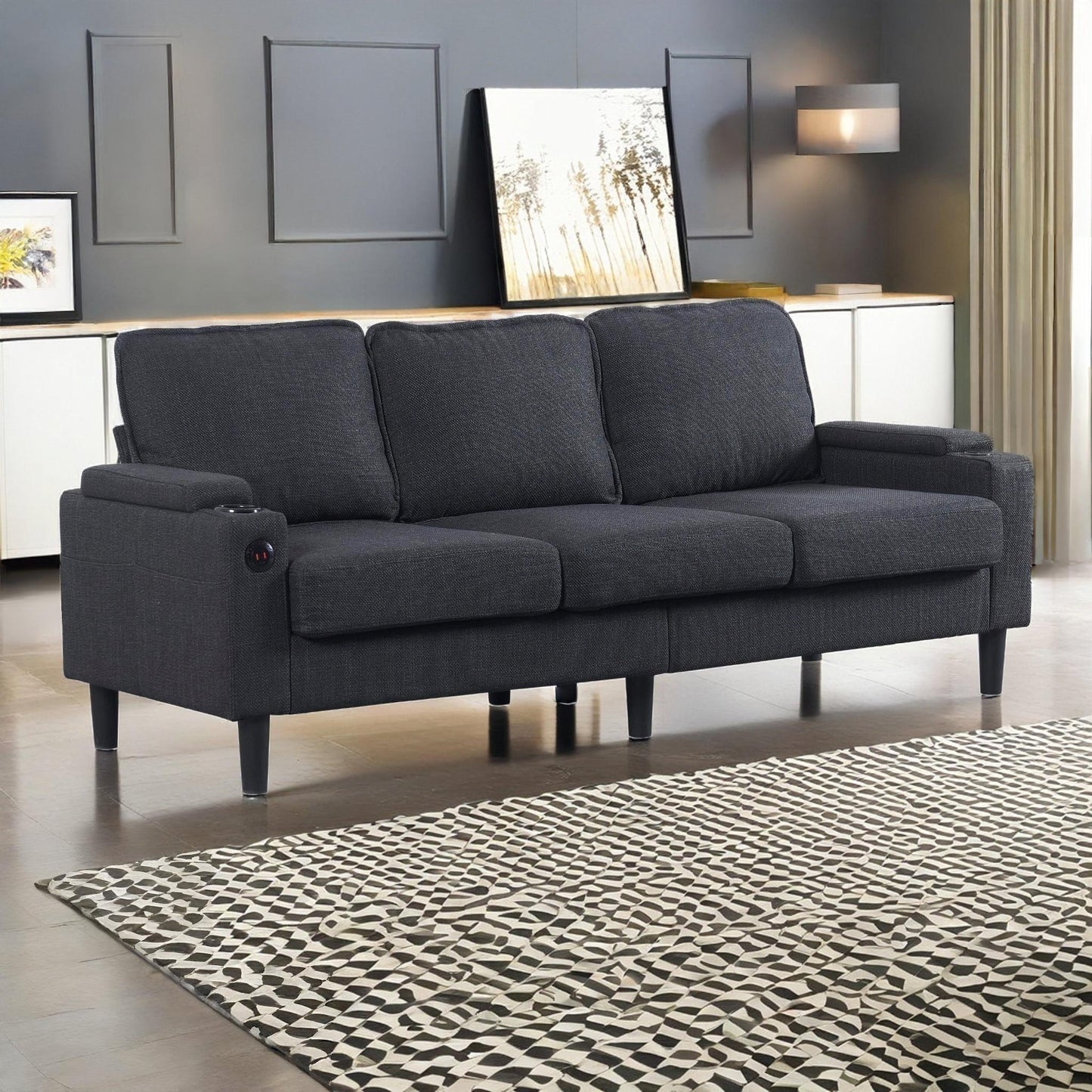 Dark Grey Linen 3 Seat Sofa with Storage Ottoman for Living Room