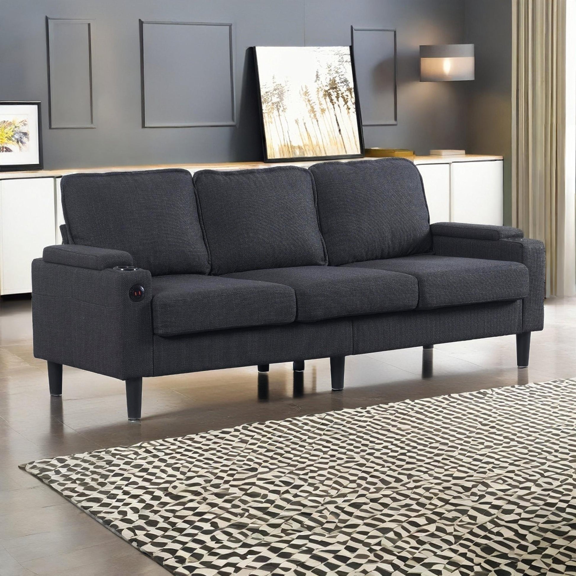 Dark Grey Linen 3 Seat Sofa with Storage Ottoman for Living Room