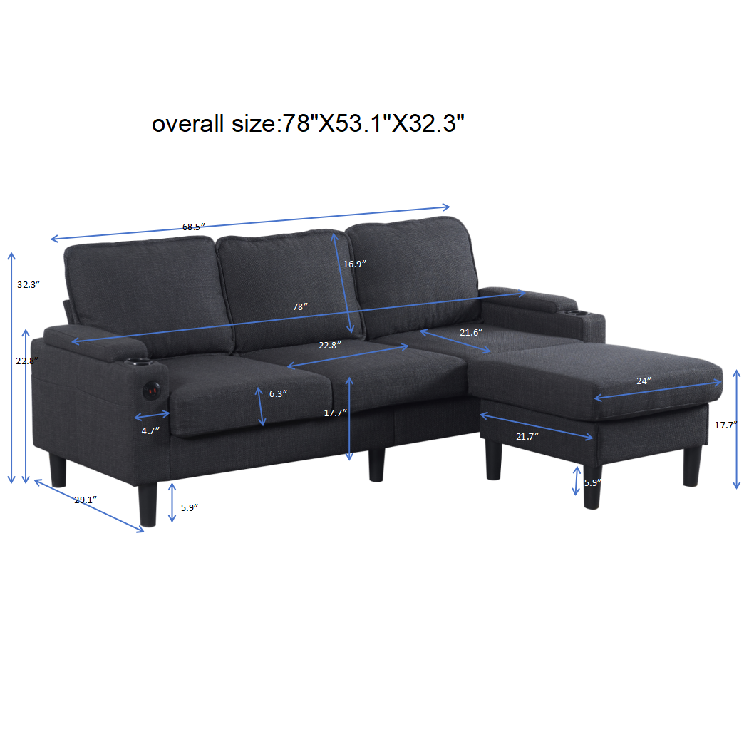 Dark Grey Linen 3 Seat Sofa with Storage Ottoman for Living Room