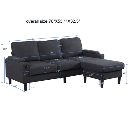 Dark Grey Linen 3 Seat Sofa with Storage Ottoman for Living Room