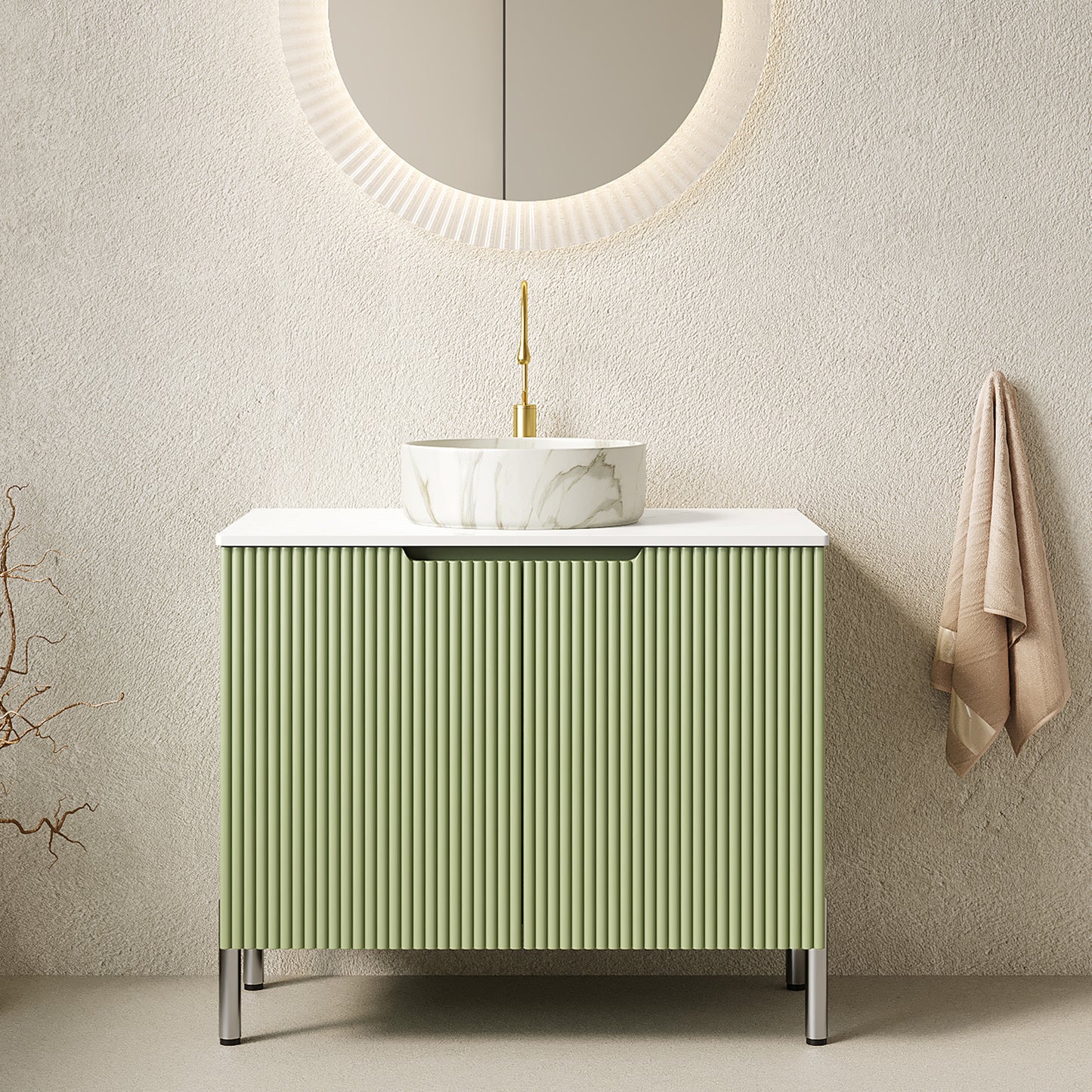 TURIO 30" Bathroom Vanity with Sink, Freestanding Bathroom Storage Cabinet with 2 Doors, White Round Ceramic Basin with Stone Pattern and Carrara White Counter Top, No Faucet, Light Green Color