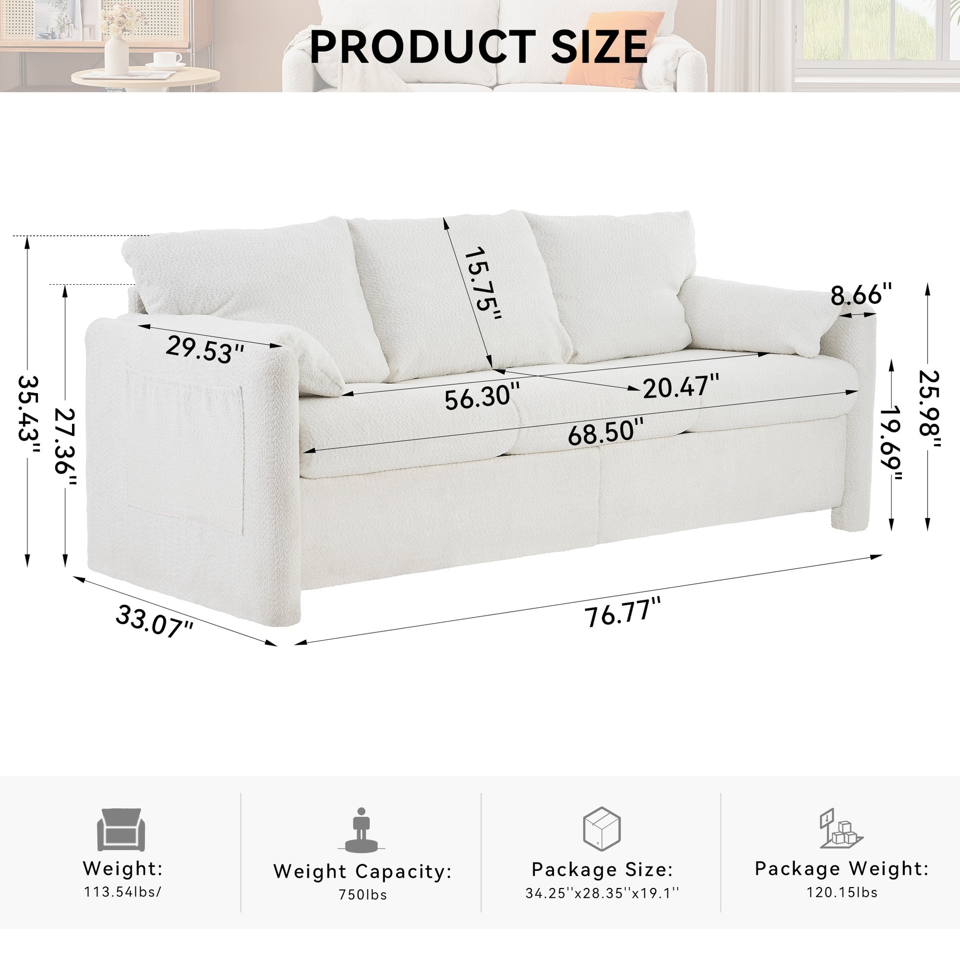 Ivory White Chenille 3-Seater Sofa - Plush Modern Couch for Living Room