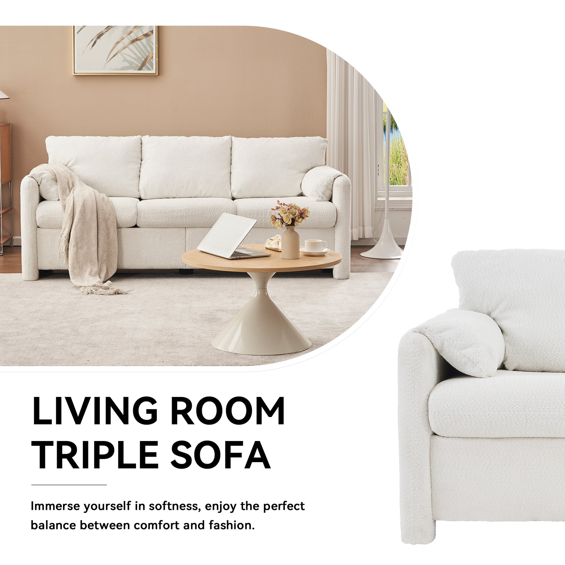 Ivory White Chenille 3-Seater Sofa - Plush Modern Couch for Living Room