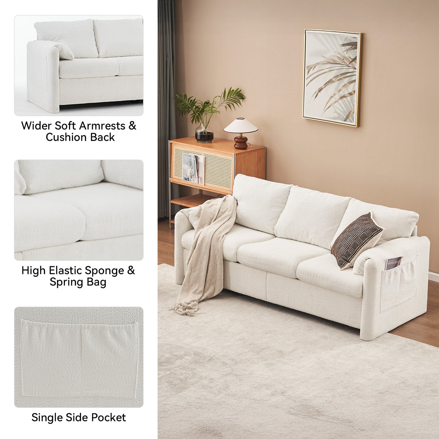 Ivory White Chenille 3-Seater Sofa - Plush Modern Couch for Living Room