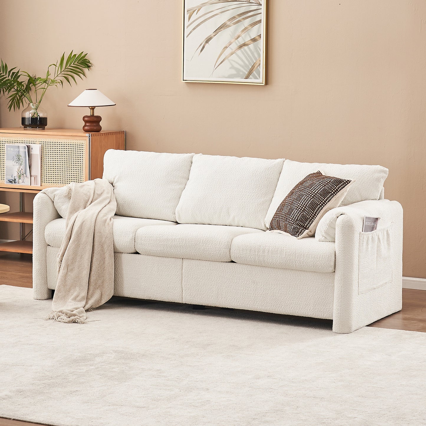004-Modern 3-Seater Sofa 77" Chenille Couch - Plush Triple Seater Sofa with High-Density Foam Cushions, Deep Seat Living Room Couch for Family Room, Apartment & Home Theater, Ivory White