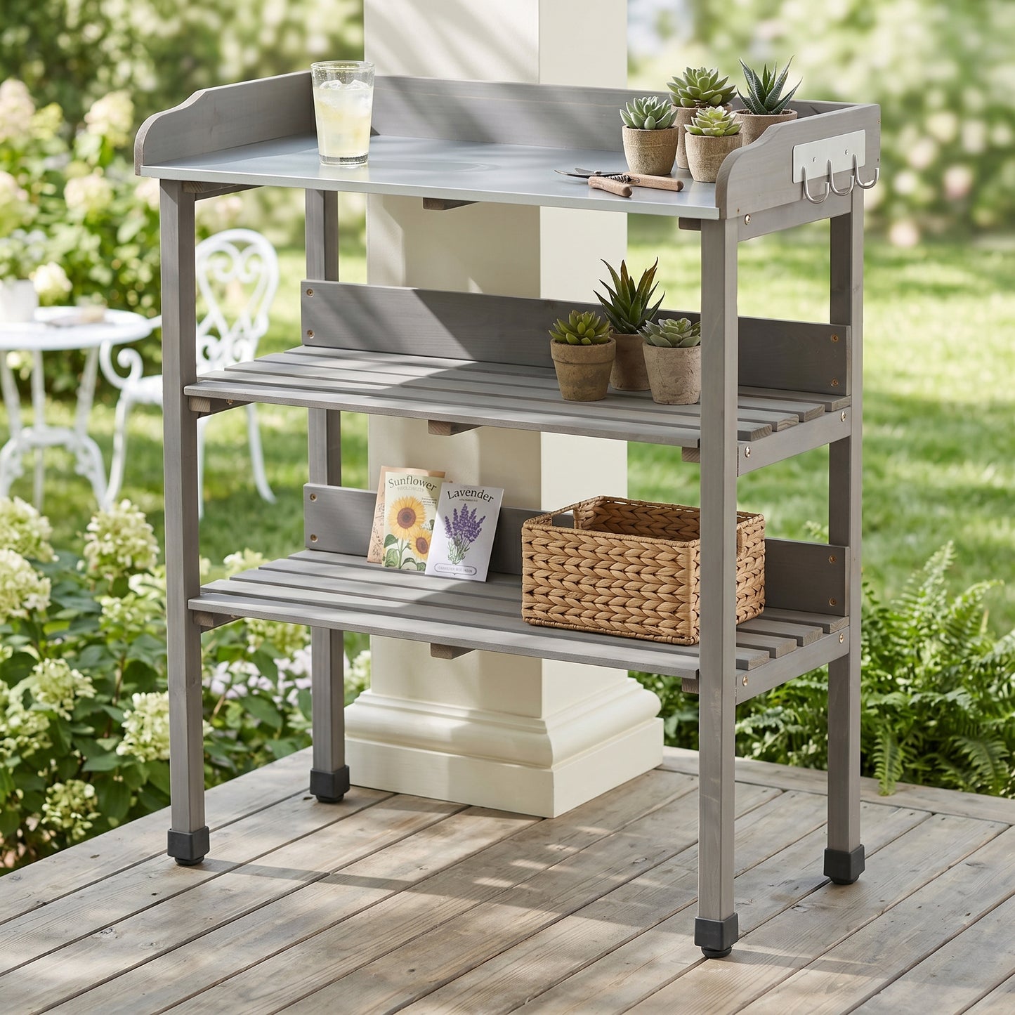30″x14.5″×35.5″ Potting Table w/Metal Tabletop, 3 Layers Outdoor Work Bench w/Hook for Garden, Solid Wood Workstation for Garage