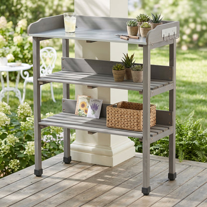 30″x14.5″×35.5″ Potting Table w/Metal Tabletop, 3 Layers Outdoor Work Bench w/Hook for Garden, Solid Wood Workstation for Garage