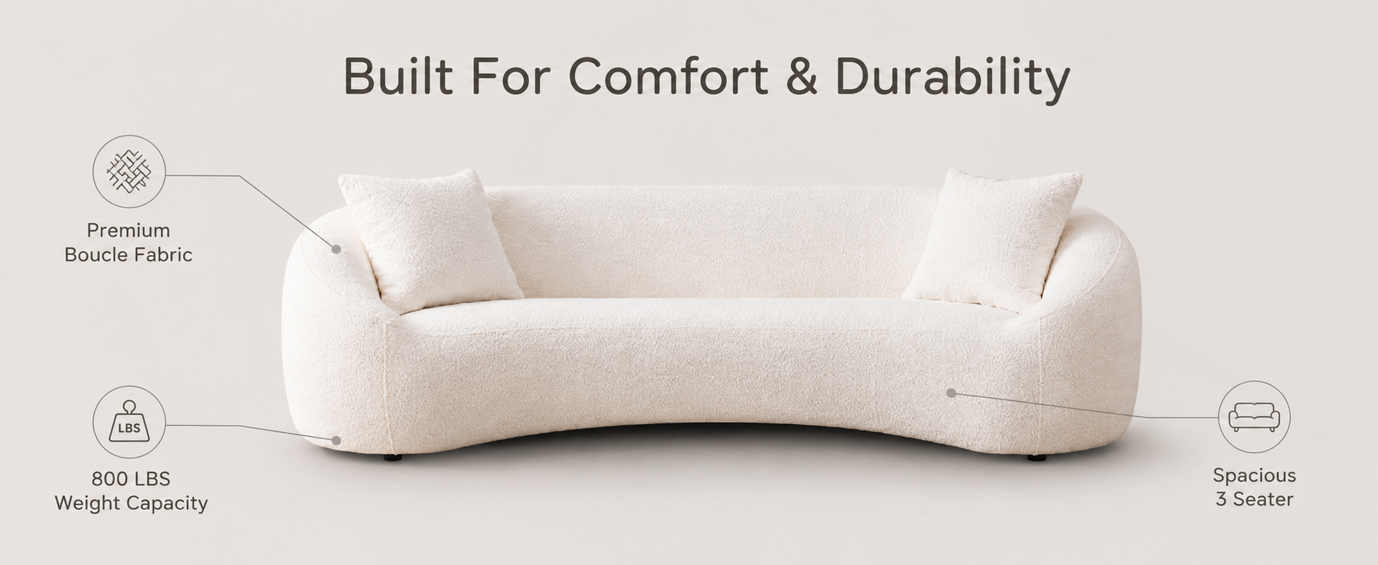 White Eucalyptus Wood Modern Sofa, 3 Seater Cloud Couch for Living Room