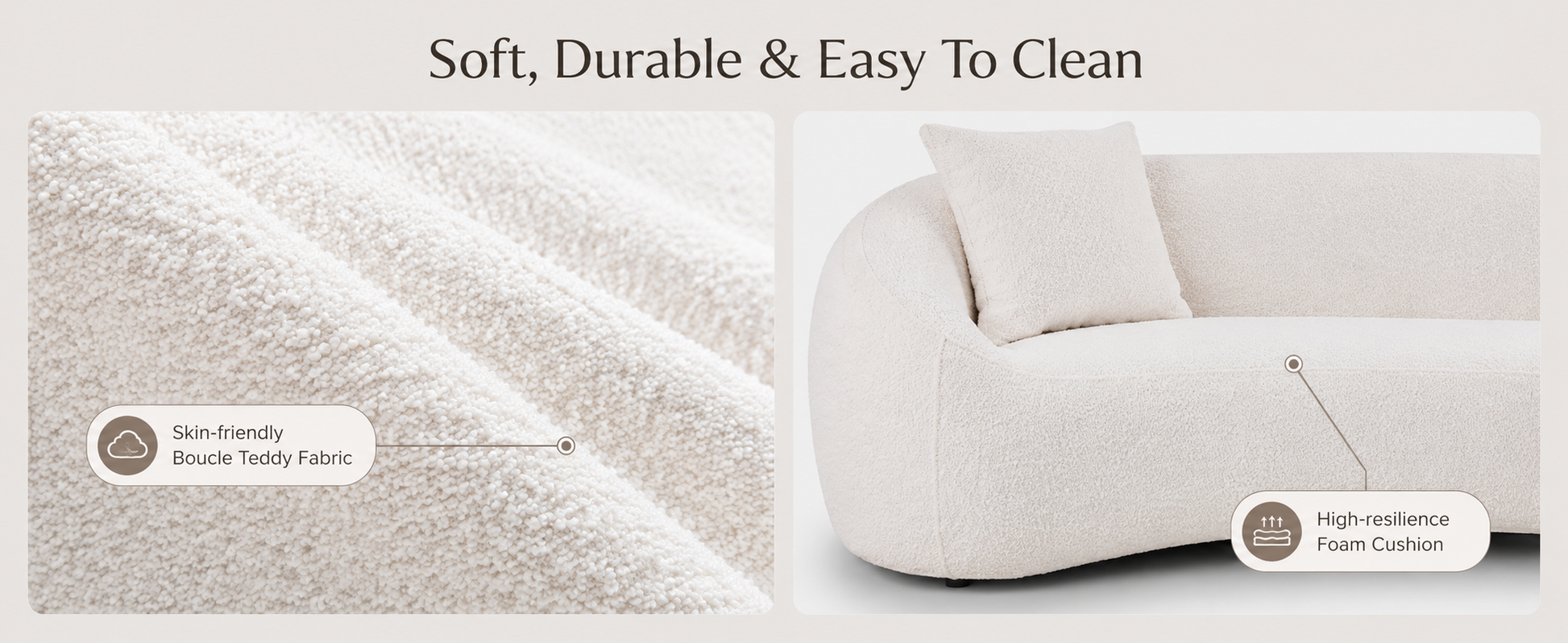 White Eucalyptus Wood Modern Sofa, 3 Seater Cloud Couch for Living Room