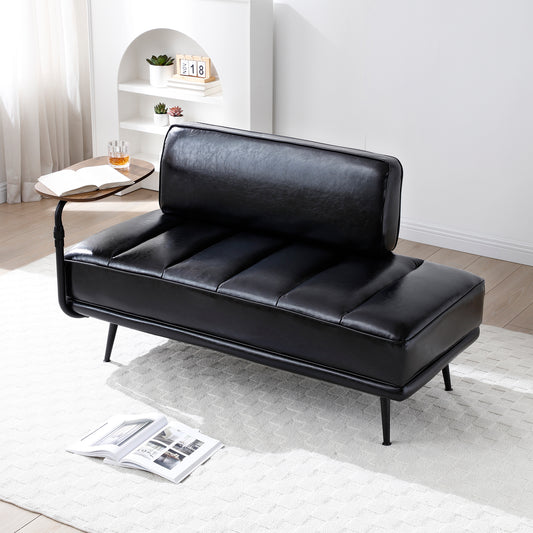 55"Inch Width Modern End of Bed Bench,Black Faux Leather Upholstered With side table, 360-degree Swivel tray couch,Entryway Ottoman,Window Bench with  Metal Legs for Bedroom, Living Room