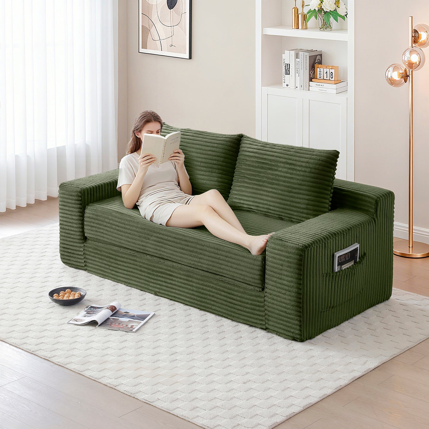 3 Seat Corduroy Sofa Bed with Foam - Green for Living Room