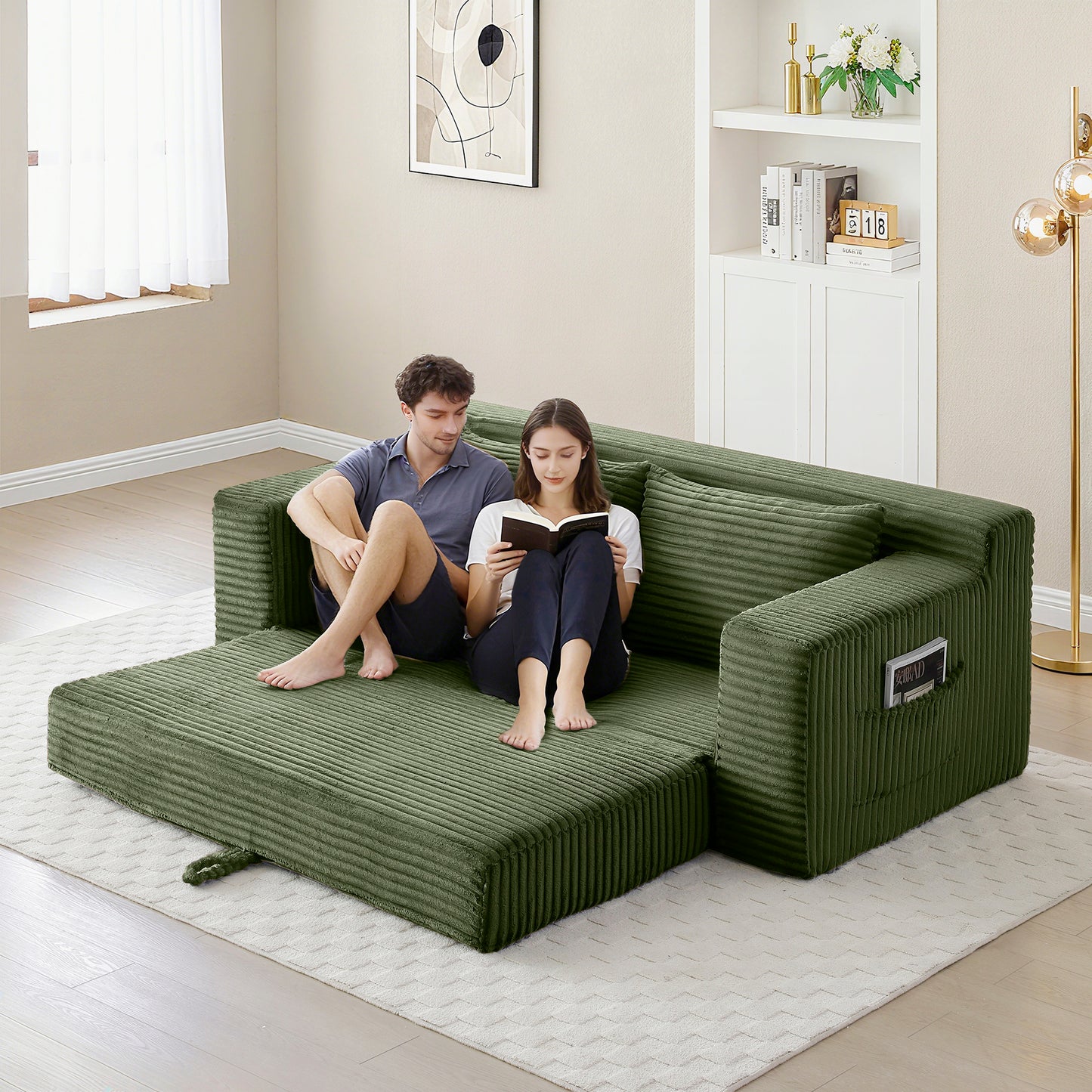 3 Seat Corduroy Sofa Bed with Foam - Green for Living Room