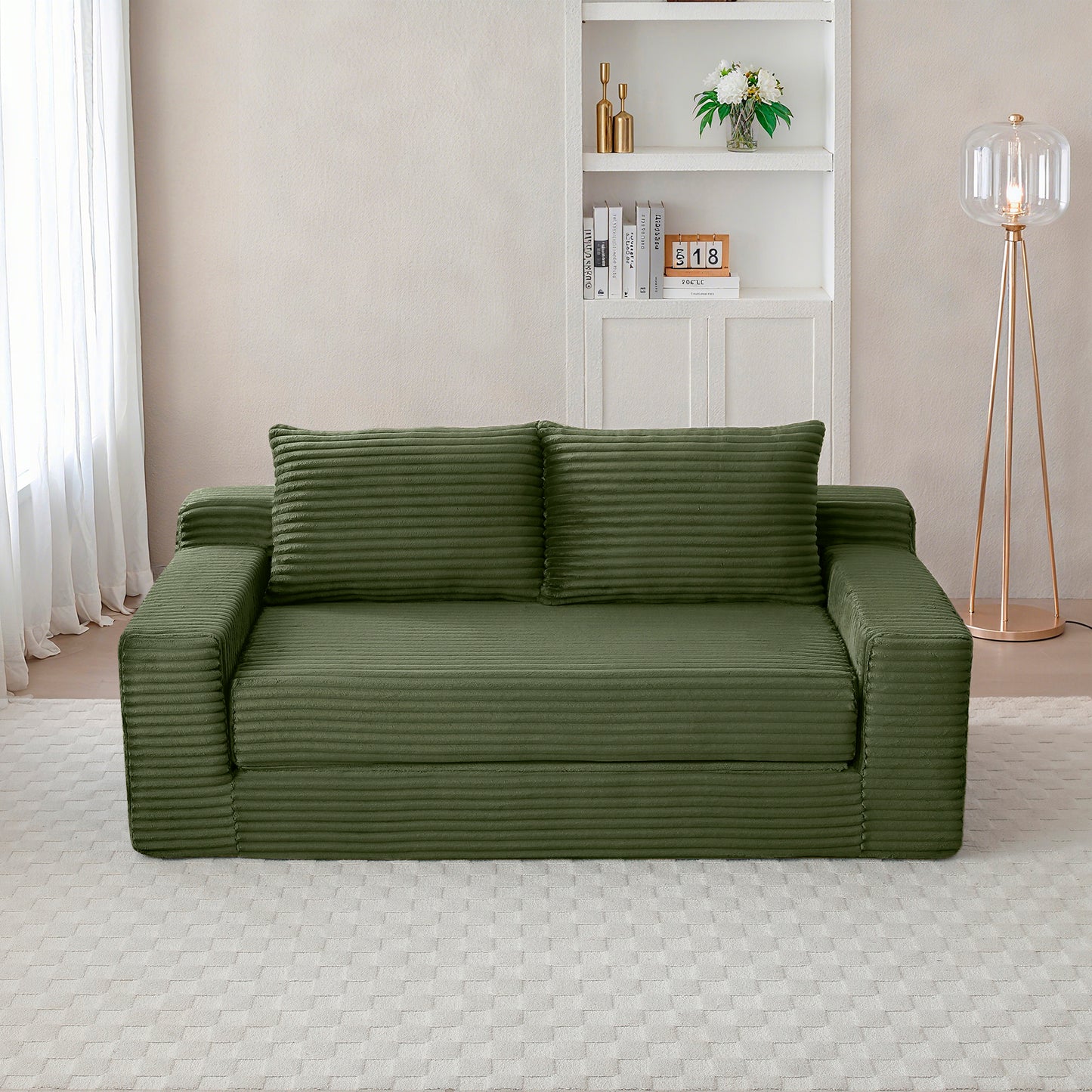 3 Seat Corduroy Sofa Bed with Foam - Green for Living Room