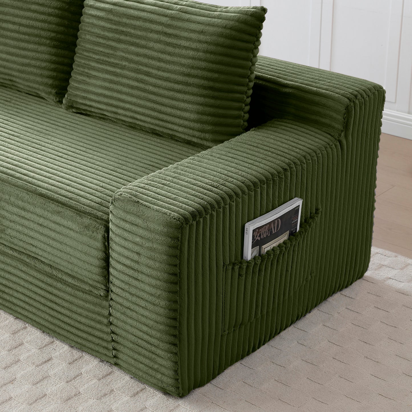 3 Seat Corduroy Sofa Bed with Foam - Green for Living Room