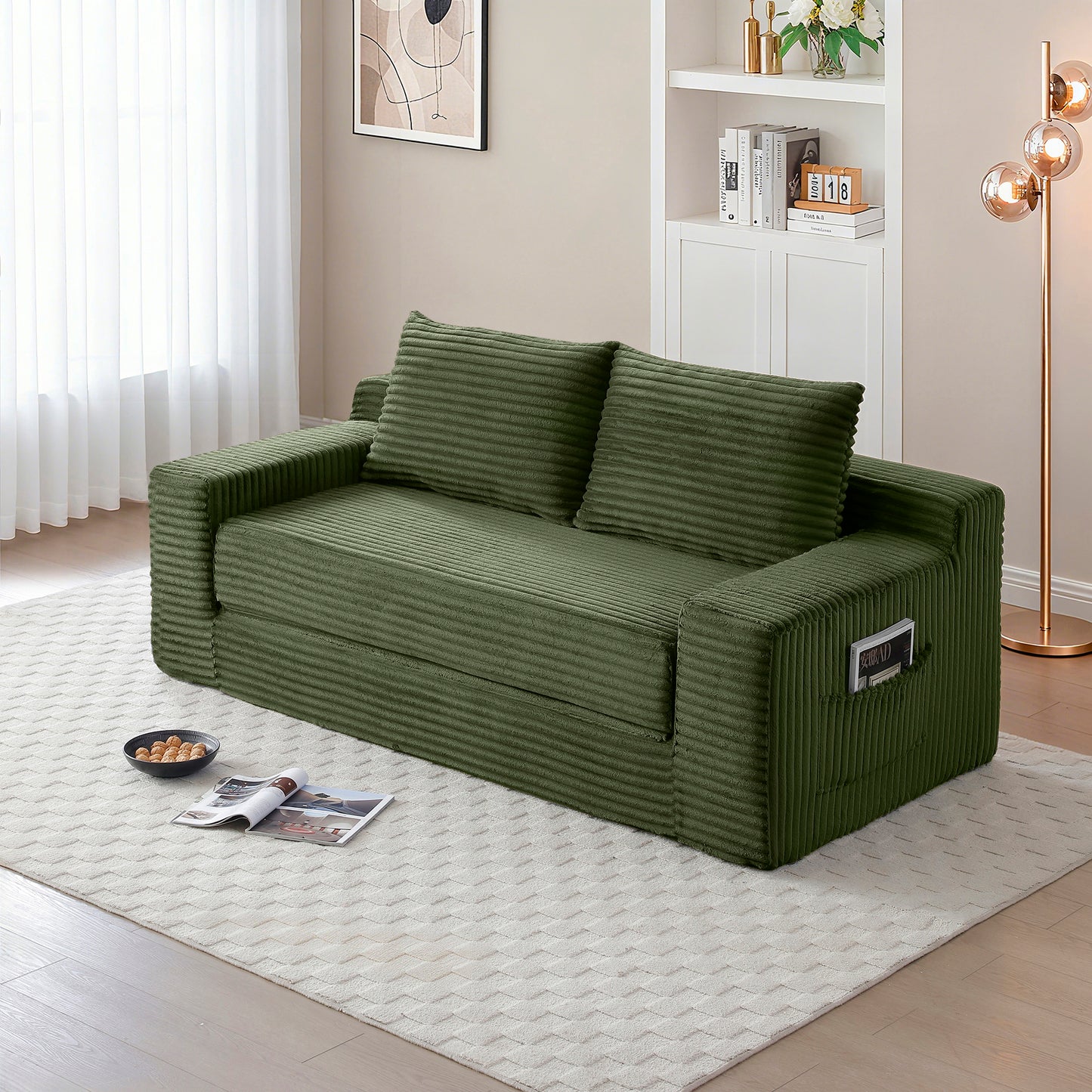 Memory Foam Cloud Loveseat Sofa, 2 in 1 Convertible Folding Couch Bed, No Assembly Compressed Corduroy Floor Lounge Sofa for Apartment Office Bedroom Living Room