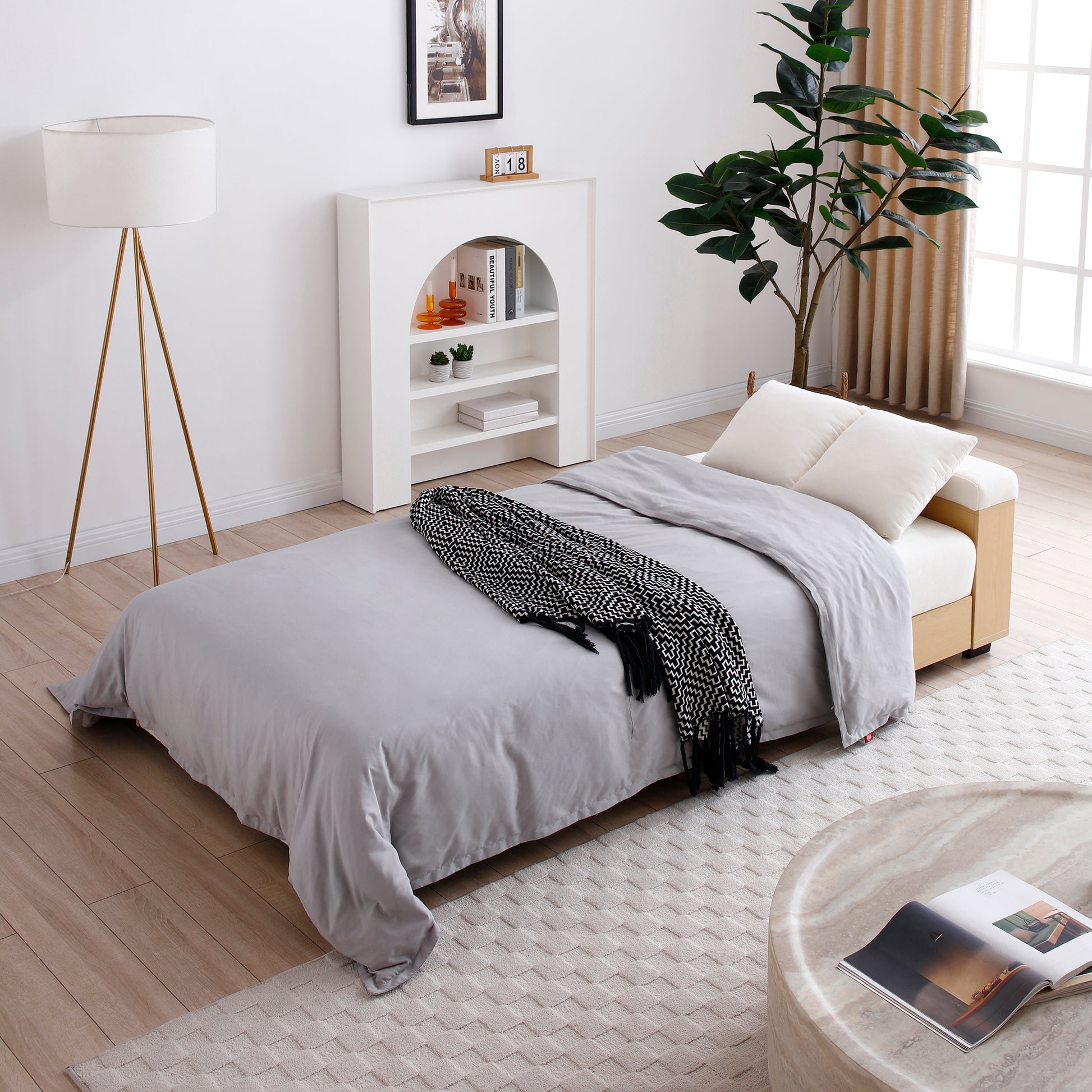 3 Seat Beige Linen Sofa Bed - Convertible Sleeper Couch for Living Room