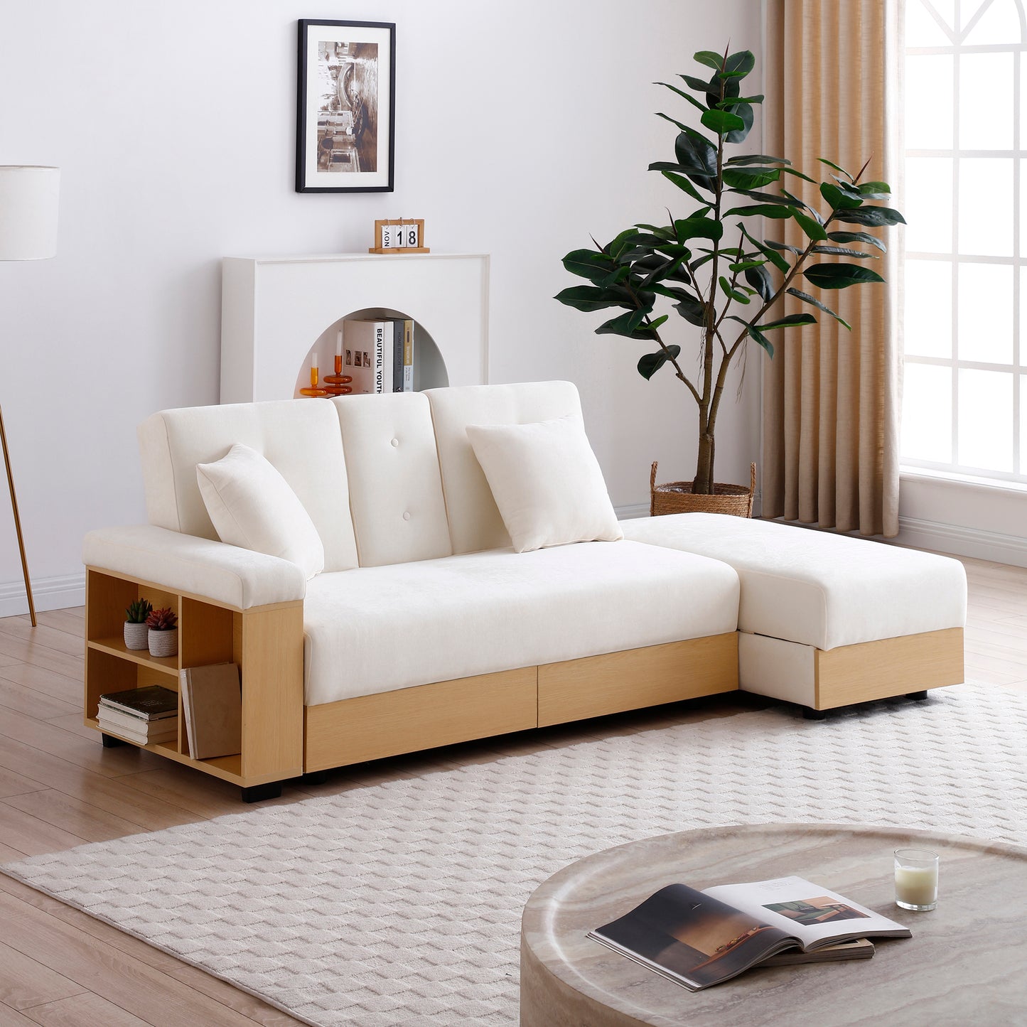 3 Seat Beige Linen Sofa Bed - Convertible Sleeper Couch for Living Room
