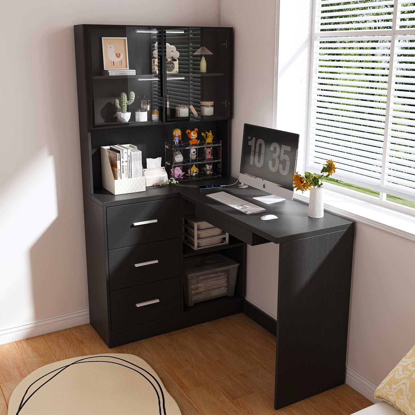 Computer Desk with Glass Cabinets & Built-In LED Lights, Corner L-Shaped Office Desk with USB Charging Ports, Keyboard Tray, Ergonomic Design for Home and Corporate Workspaces(Black)