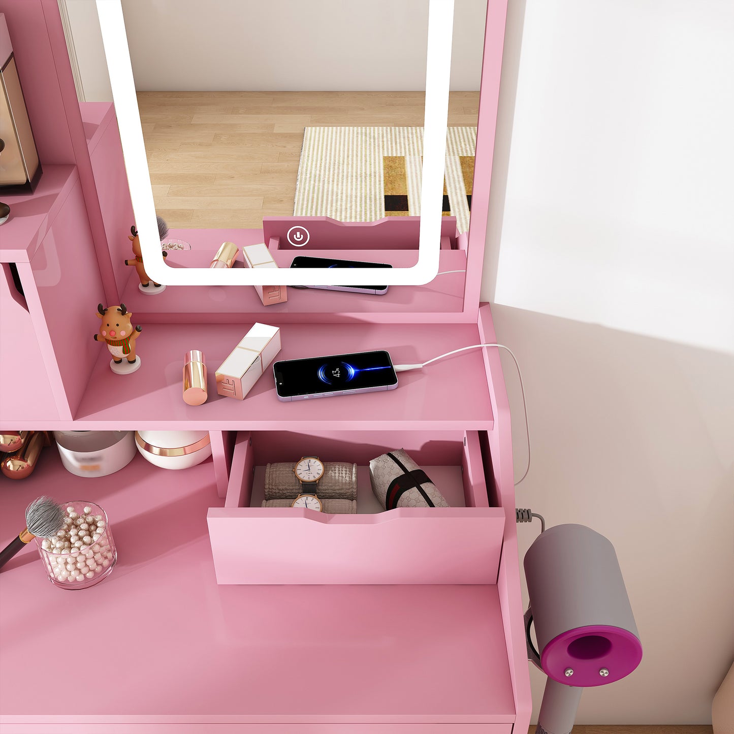 Pink Makeup Vanity with 2 Drawers & Stool - MDF Bedroom Storage