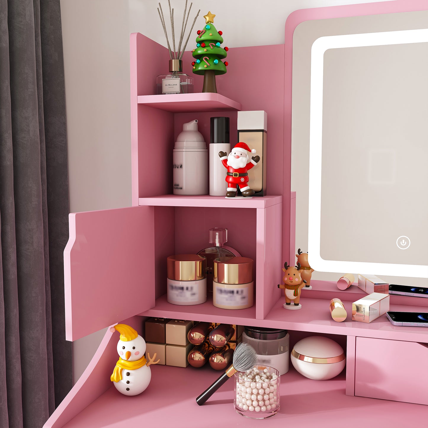 Pink Makeup Vanity with 2 Drawers & Stool - MDF Bedroom Storage
