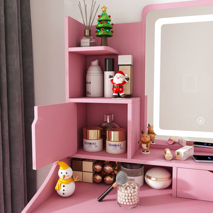 Pink Makeup Vanity with 2 Drawers & Stool - MDF Bedroom Storage