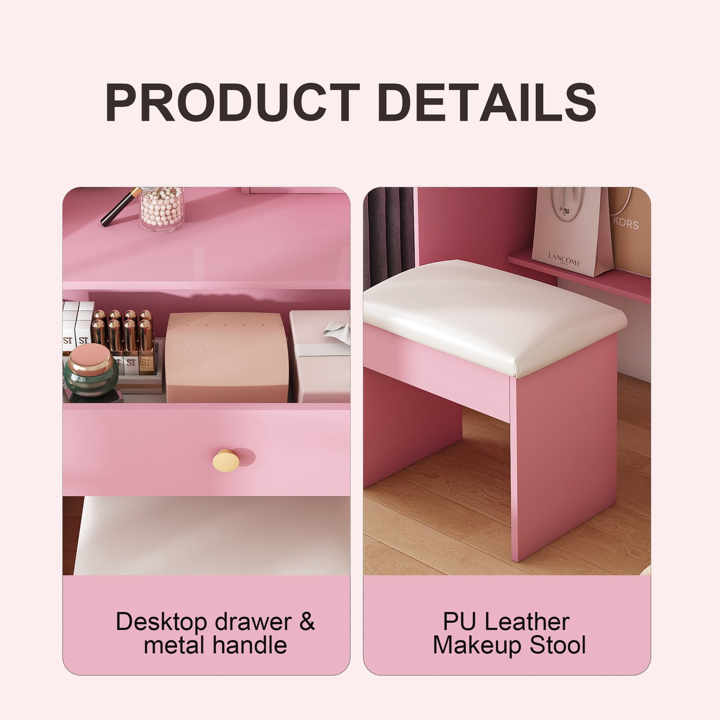 Pink Makeup Vanity with 2 Drawers & Stool - MDF Bedroom Storage