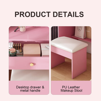Pink Makeup Vanity with 2 Drawers & Stool - MDF Bedroom Storage