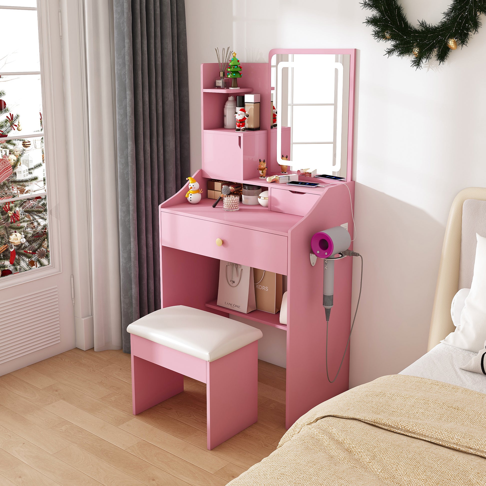 Pink Makeup Vanity with 2 Drawers & Stool - MDF Bedroom Storage