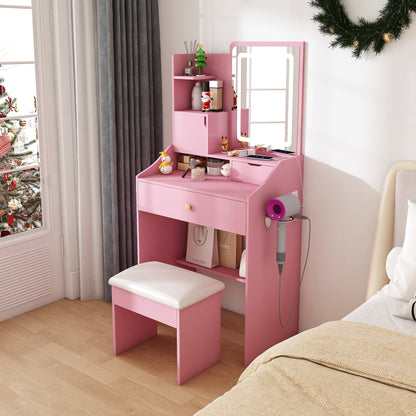 Pink Makeup Vanity with 2 Drawers & Stool - MDF Bedroom Storage