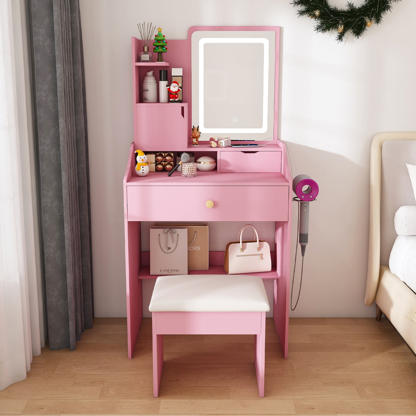 Pink Makeup Vanity with 2 Drawers & Stool - MDF Bedroom Storage