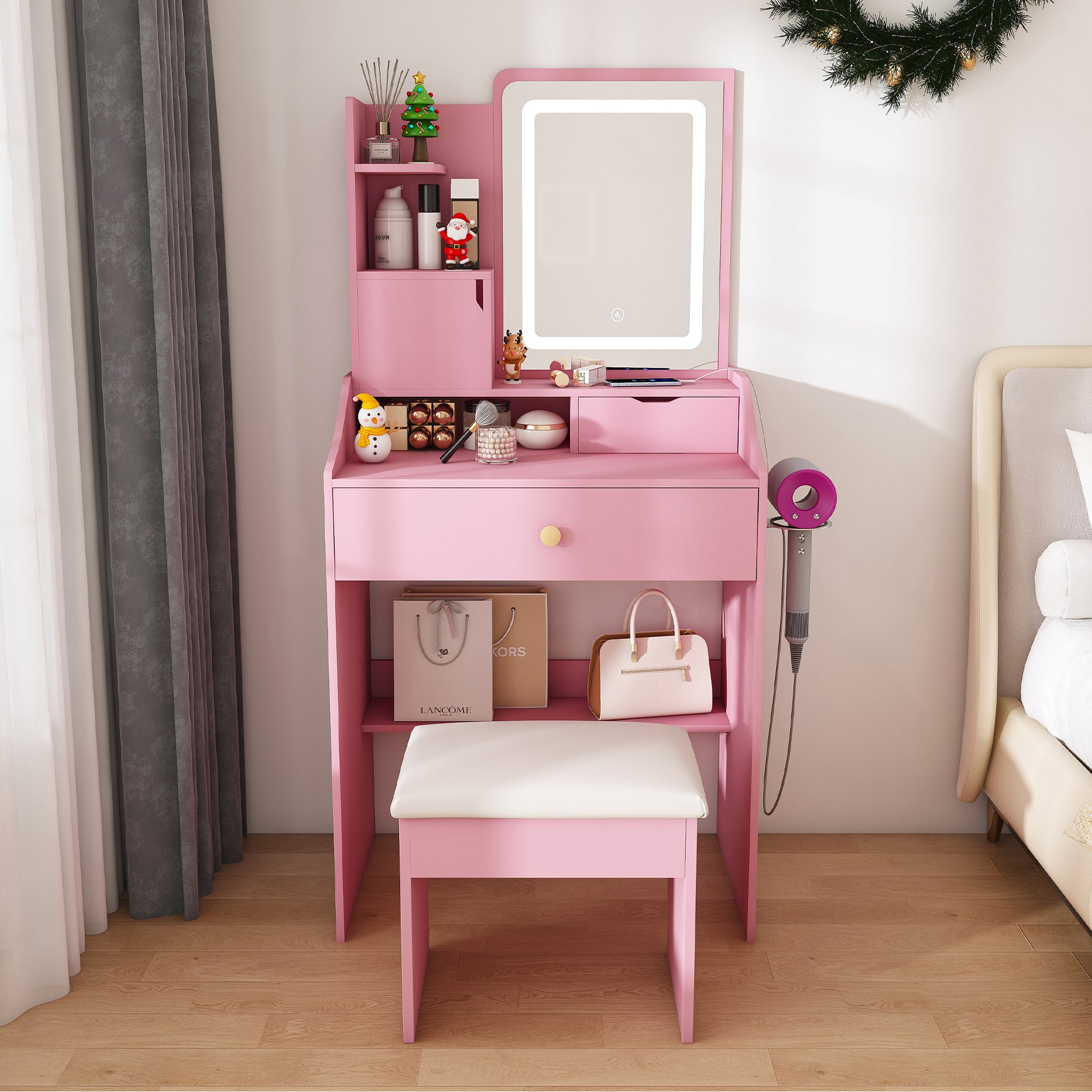 Pink Makeup Vanity with 2 Drawers & Stool - MDF Bedroom Storage
