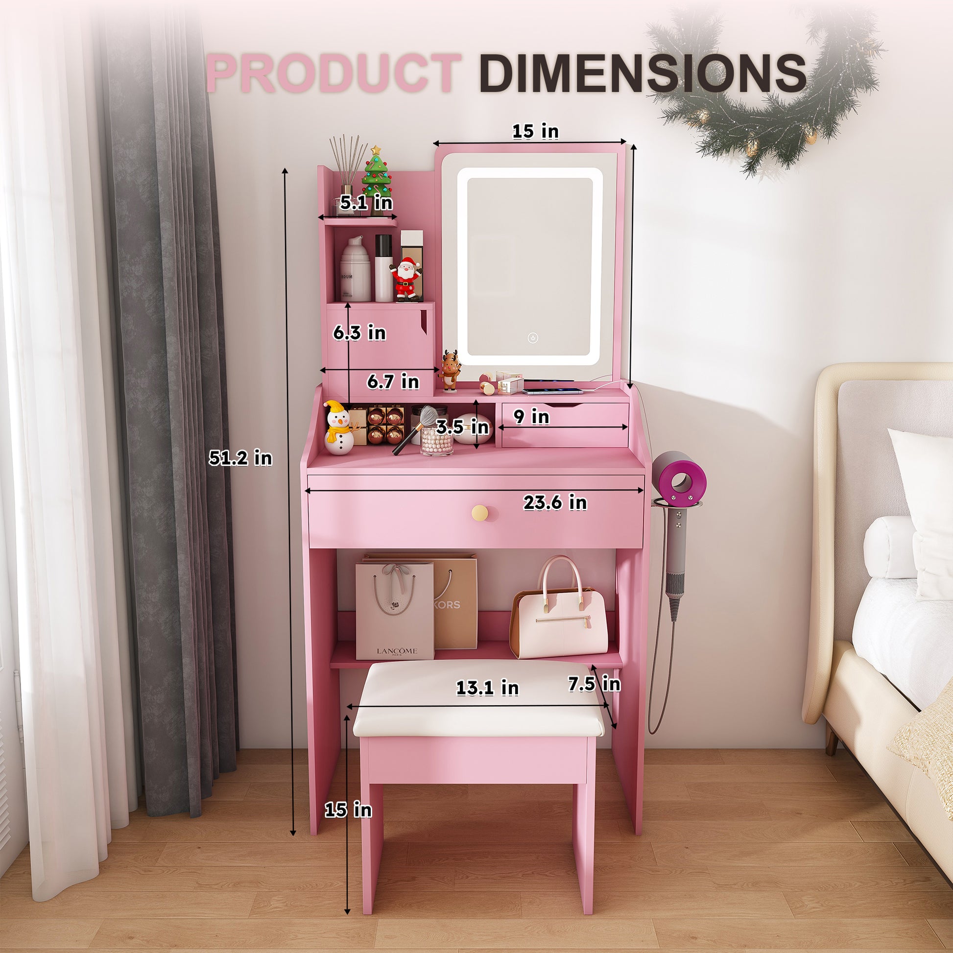Pink Makeup Vanity with 2 Drawers & Stool - MDF Bedroom Storage
