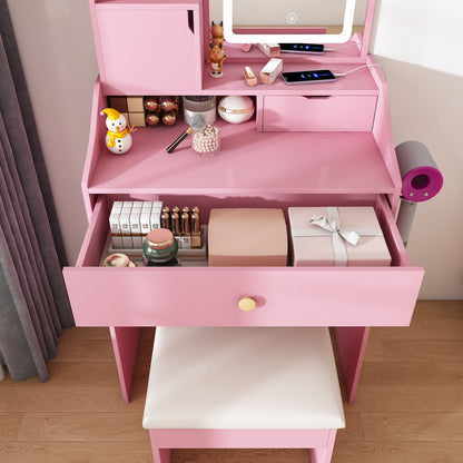 Pink Makeup Vanity with 2 Drawers & Stool - MDF Bedroom Storage
