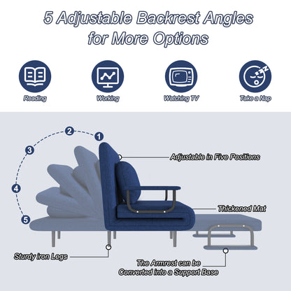 Blue Linen Sofa Bed - 3-in-1 Folding Sleeper with Split Back for Living Room