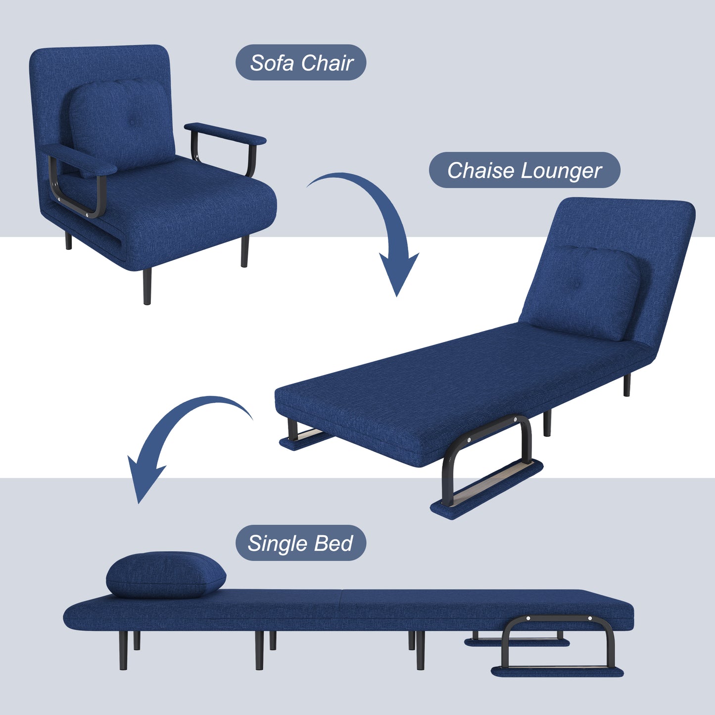 Blue Linen Sofa Bed - 3-in-1 Folding Sleeper with Split Back for Living Room