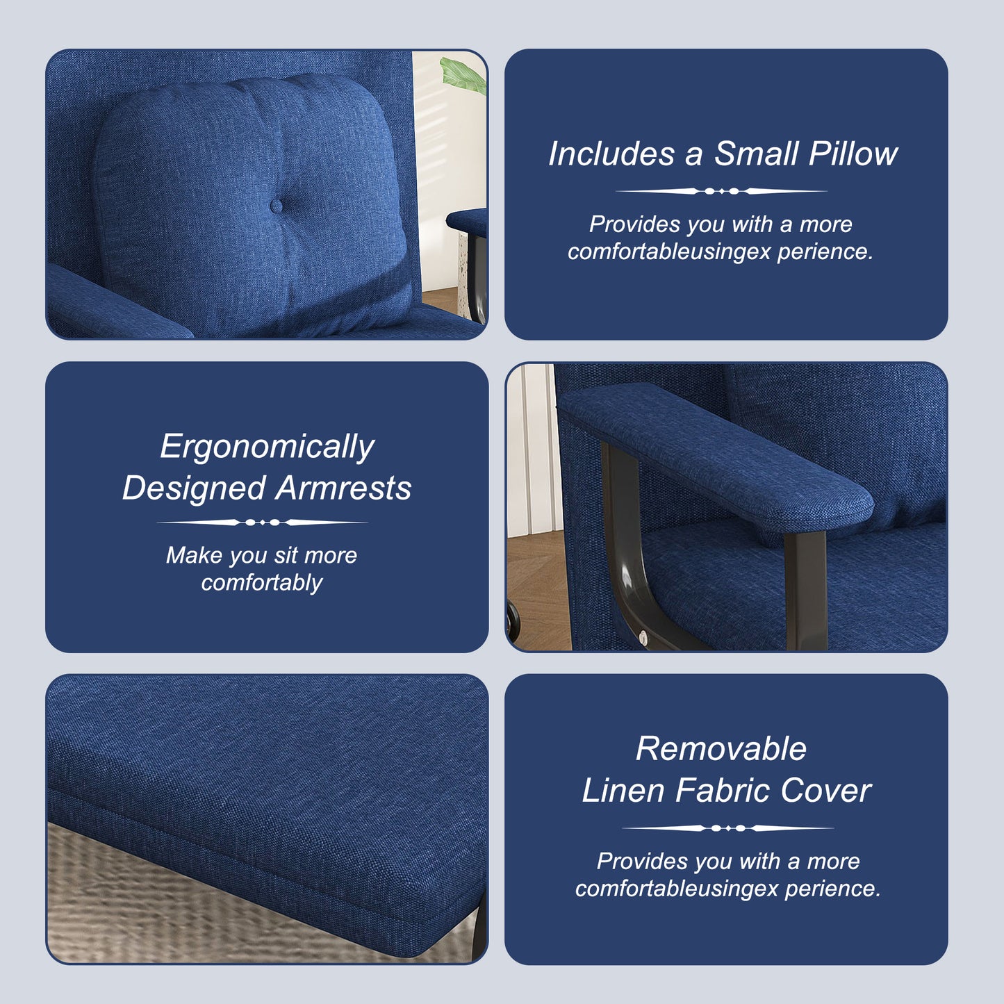 Blue Linen Sofa Bed - 3-in-1 Folding Sleeper with Split Back for Living Room