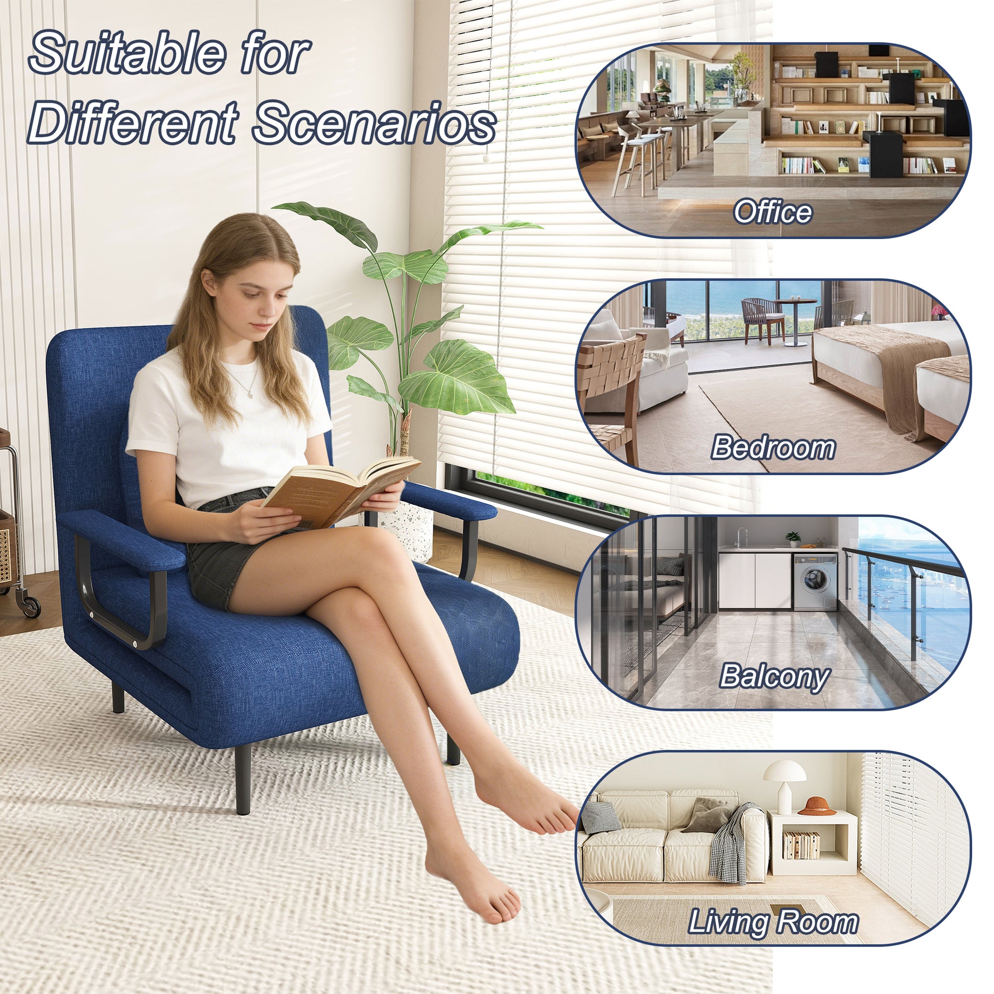 Blue Linen Sofa Bed - 3-in-1 Folding Sleeper with Split Back for Living Room