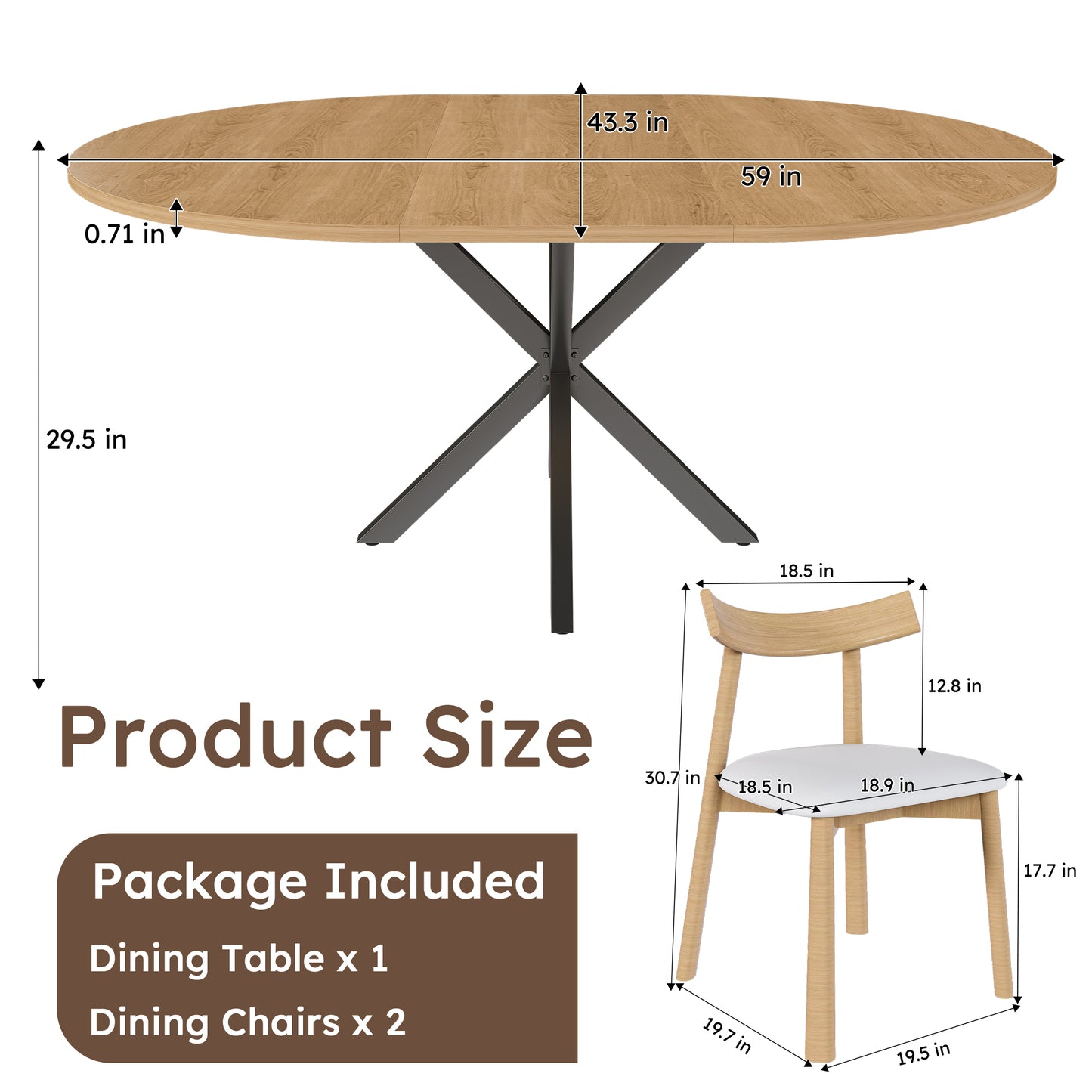 Extendable Round Dining Table Set - 2 Seats Oak Finish for Dining Room