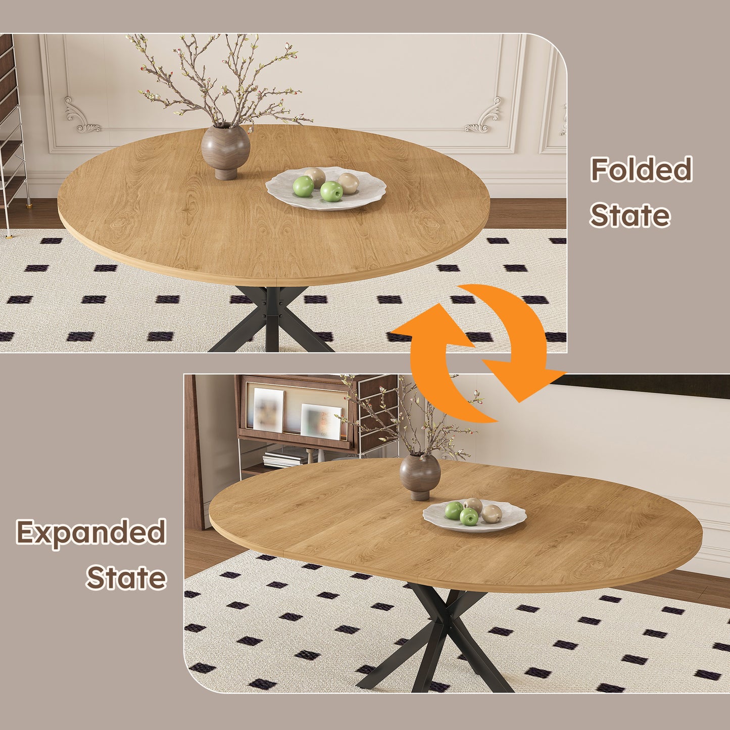 Extendable Round Dining Table Set - 2 Seats Oak Finish for Dining Room