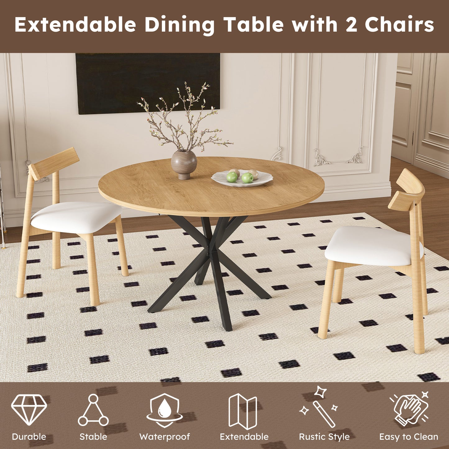 Extendable Round Dining Table Set - 2 Seats Oak Finish for Dining Room