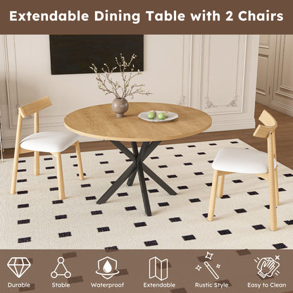 Extendable Round Dining Table Set - 2 Seats Oak Finish for Dining Room