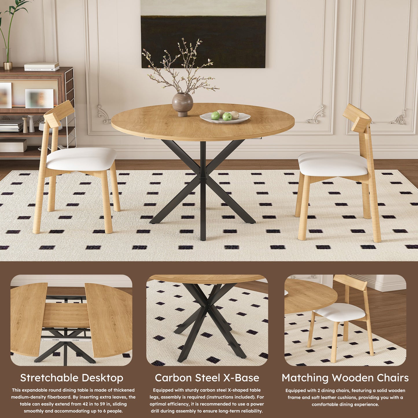 Extendable Round Dining Table Set - 2 Seats Oak Finish for Dining Room