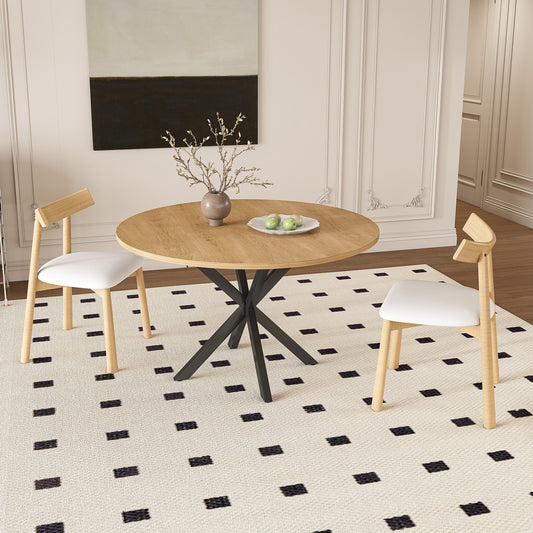 Extendable Round Dining Table Set for 2-6 Person, 43 to 58 Inch Oak Finish Expandable Table with Carbon Steel Base & 2 Solid Wood Chairs, Modern Space Saving Dining Room Furniture