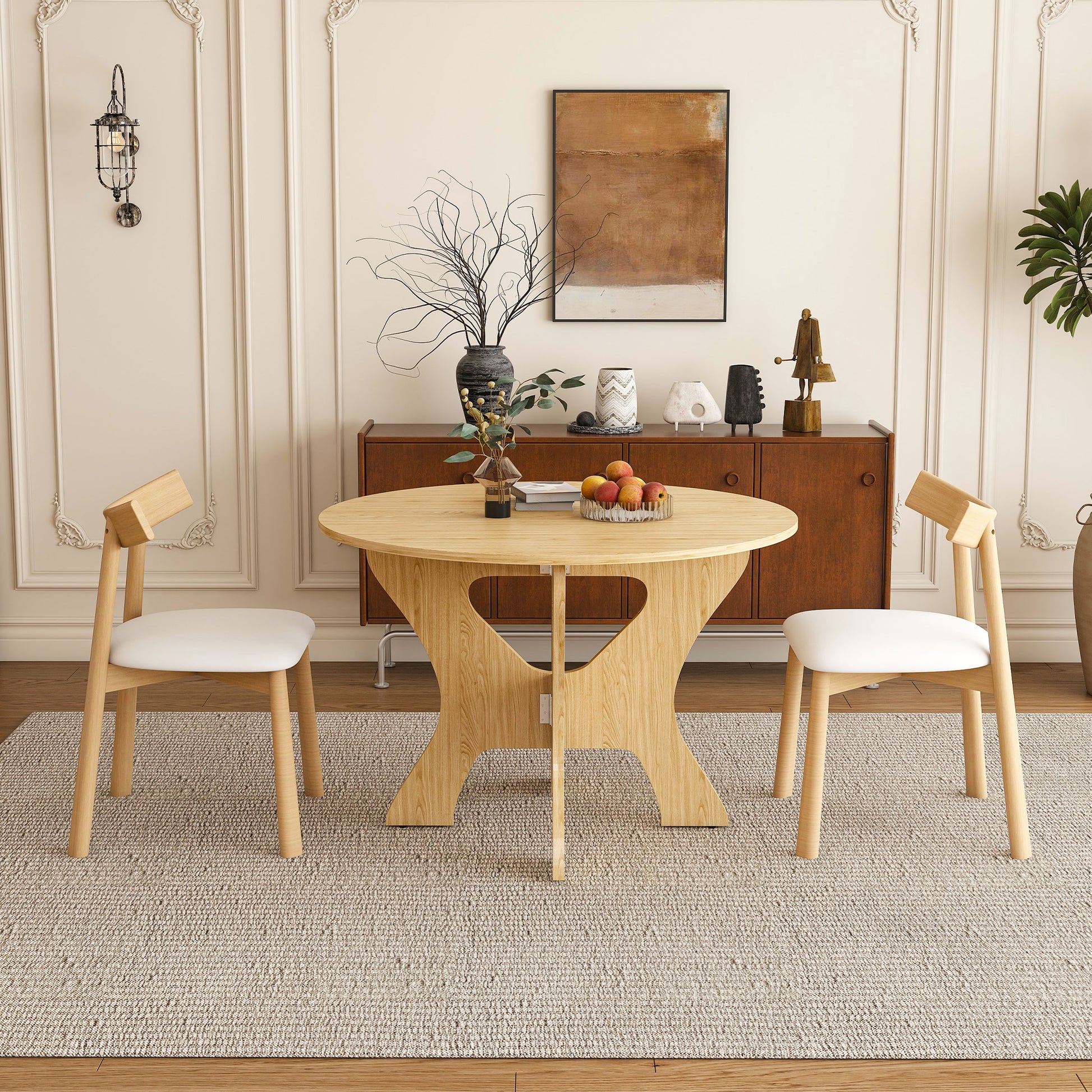 43 in Folding Dining Table Set with 2 Chairs, MDF Table with Wild Oak Veneer & Solid Wood PU Chairs, Space Saving Foldable Kitchen Set for Indoor and Outdoor Us