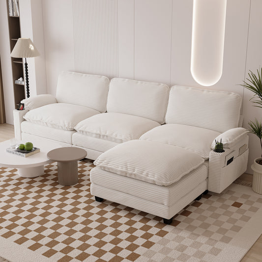 113" Modern 3+1 L-Shaped Corduroy Fabric Sofa,Modular Sectional Cloud Couch W/Ottoman,35D High-resilience Sponge&Double-layer Thick Cushion,Cup Holders,Storage Bags,Couches For Living Room,Apartment.