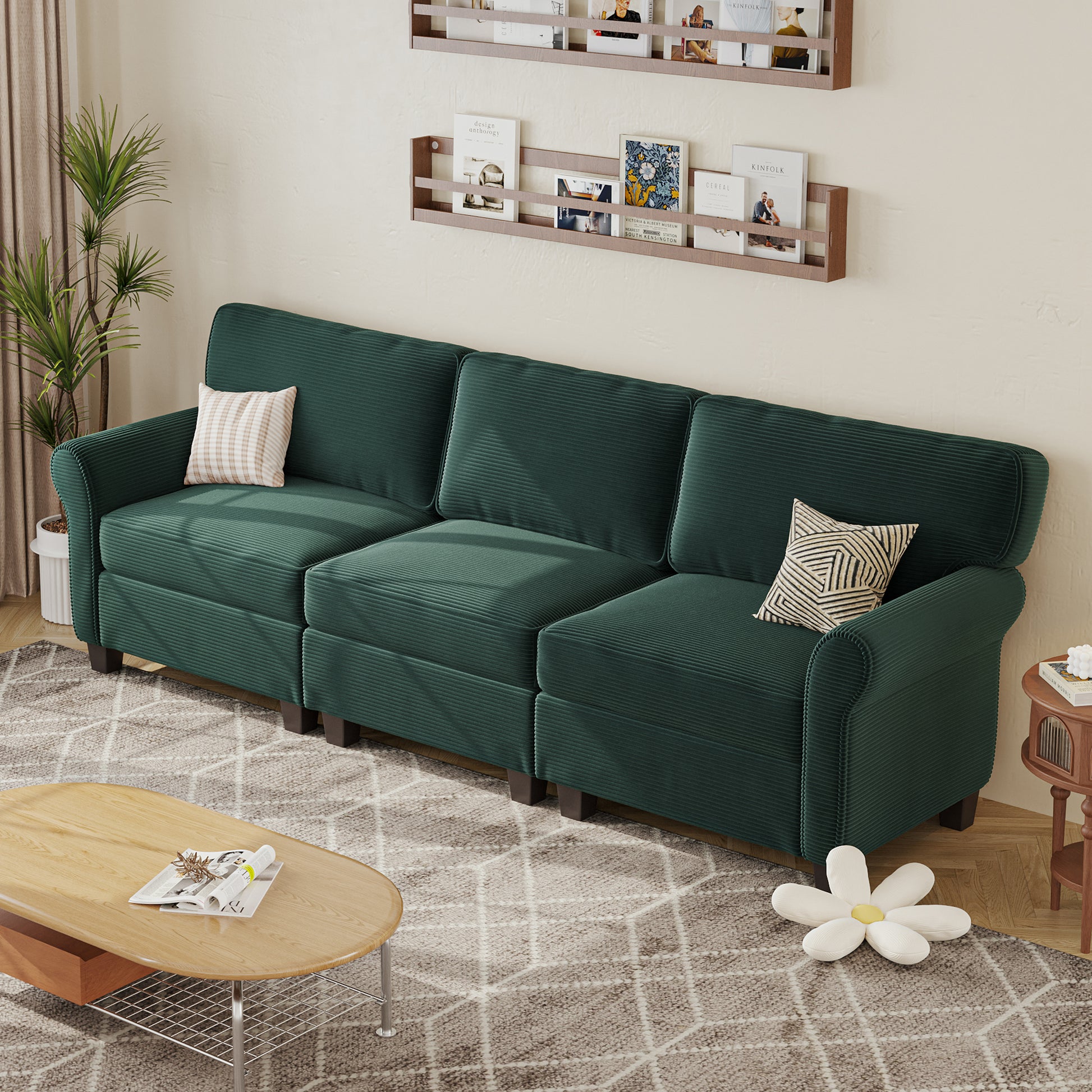 94" 3-Seater Corduroy Sofa Couch with Deep Seats,Thickened High-Rebound Sponge & Armrests, Removable Cushions, Sturdy Composite Board+Solid Wood Frame for Living Room, Bedroom, Apartment and Office.
