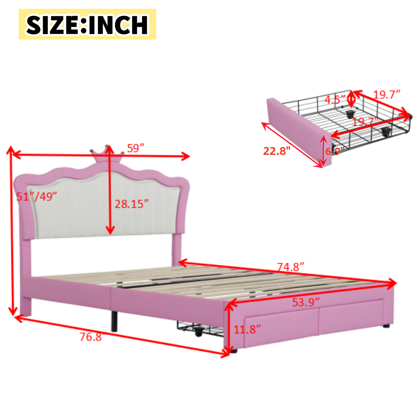 Full Size Pink Upholstered Bed Frame with Crown Headboard