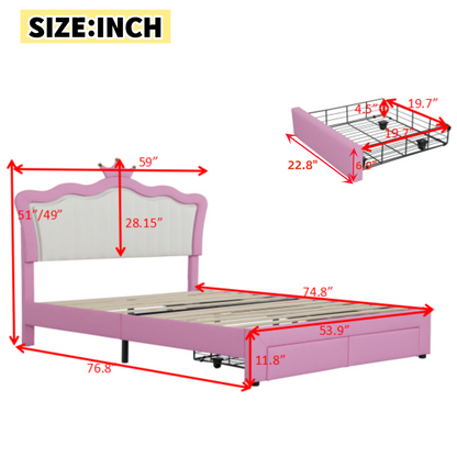 Full Size Pink Upholstered Bed Frame with Crown Headboard