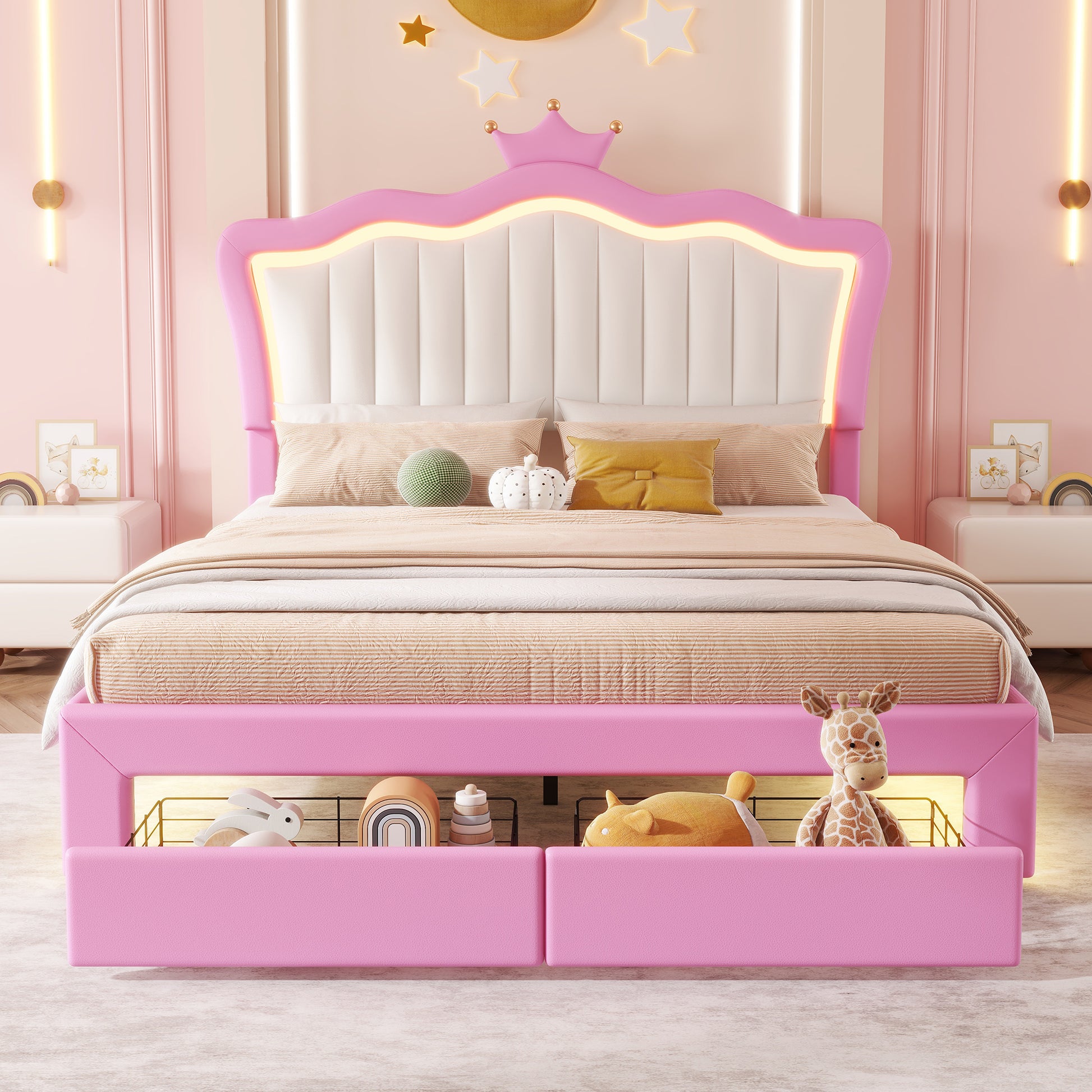 Full Size Pink Upholstered Bed Frame with Crown Headboard