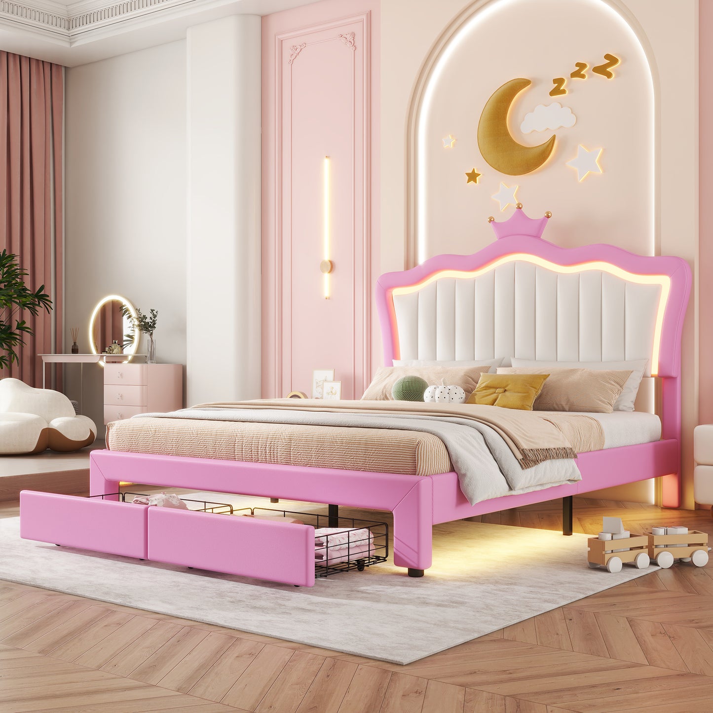 Full Size Pink Upholstered Bed Frame with Crown Headboard